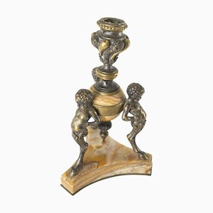 Candelabro neoclásico Grand Tour italiano de bronce y alabastro
