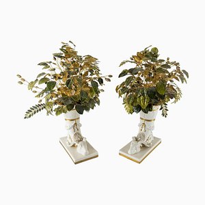 Italian Ceramic Rams Head Cornucopias with Toleware Foliage, Set of 2