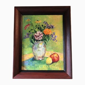 Still Life with Fruit & Flowers, 1970s, Painting on Canvas, Framed