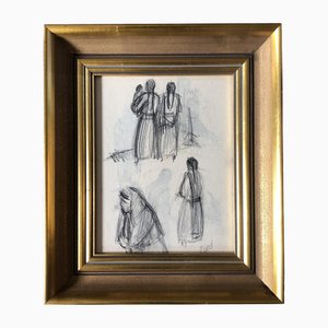 Eleanor Reed, Native American, Charcoal Study Drawing, 1940s, Framed