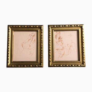 Abstract Female Nudes, Sepia Watercolors, 1960s, Set of 2