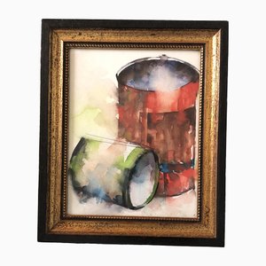 Modernist Still Life with Paint Buckets, 1970s, Watercolor on Paper