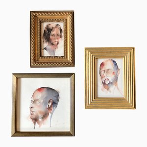 Portraits, 1970s, Watercolors, Framed, Set of 3