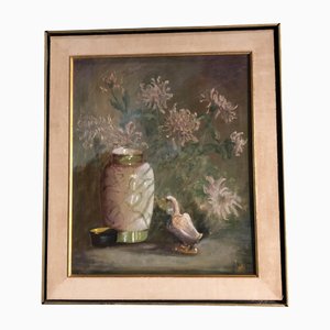 Bodegón con patos y flores, años 70, pintura sobre lienzo, enmarcado