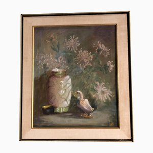 Still Life with Duck & Flowers, 1970s, Painting on Canvas, Framed