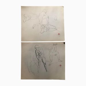 Female Nude Studies, 1970s, Charcoal on Paper, Set of 2