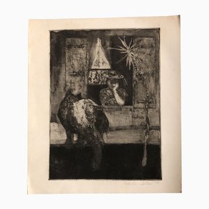 Adela Islas, Mujer con sombrero y gato, años 70, Litografía sobre papel
