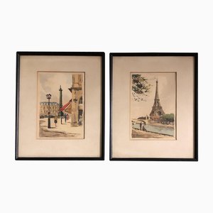 H. Alexis, Eiffel Tower & Place Vendome, 1950s, Watercolors on Paper, Set of 2