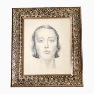 Art Deco Female Portrait, 20th Century, Charcoal on Paper, Framed