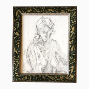 Abstract Female Nude, Charcoal Drawing, 1970s, Framed