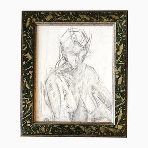 Desnudo femenino abstracto, Dibujo al carboncillo, años 70, Enmarcado