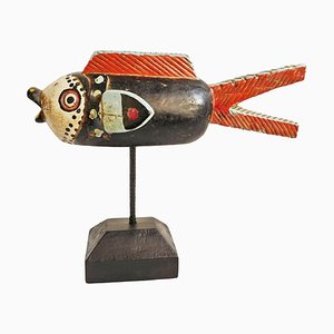 Vintage Mid 20th Century Mali Wood Bozo Fish Puppet on Stand