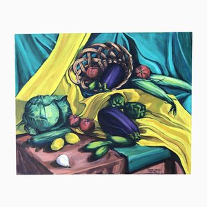 Natura morta modernista con frutta e verdura, anni '60, dipinto su tela