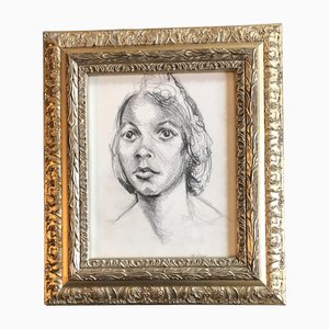 Female Portrait, Charcoal Drawing, 1970s, Framed