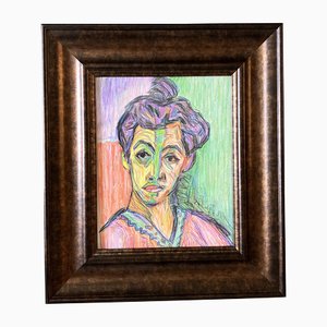 Portrait de Femme, Années 70, Crayon de Couleur sur Papier, Encadré