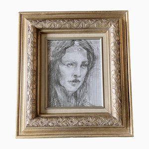 Estudio de retrato femenino, años 70, carboncillo sobre papel, enmarcado