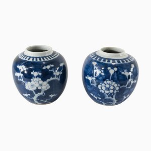 Chinese Chinoiserie Blue and White Prunus Ginger Jars, Set of 2