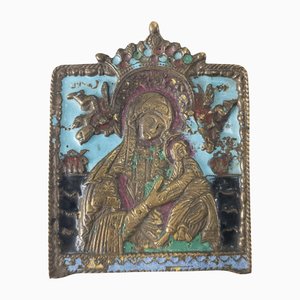 Icona religiosa cristiana russa in bronzo smaltato