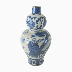 Chinesische Chinoiserie Doppelkürbisvase in Blau und Weiß