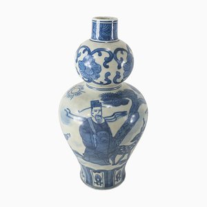 Vaso cinese doppia zucca blu e bianco