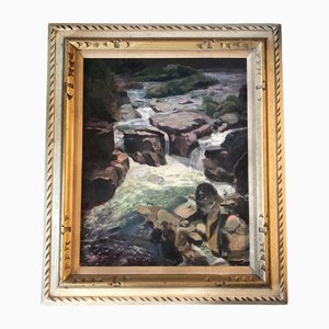 Rocas en un arroyo o río, años 70, pintura sobre lienzo, enmarcado