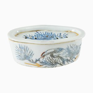 Chinese Porcelain Cricket Cage Box with Crane and Pine Tree