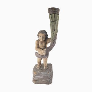 Early 20th Century Spanish or Portuguese Colonial Carved Wood Cherub Candle Holder