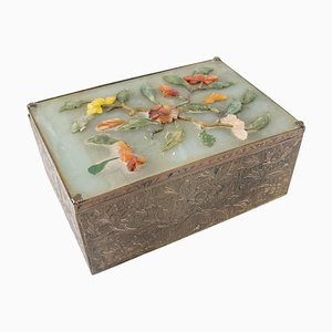 Early 20th Century Chinese Export Chinoiserie Bronze Box with Soapstone and Carnelian Agate