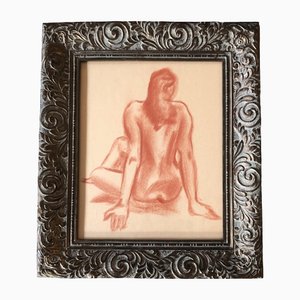 Desnudo Femenino, Dibujo Sepia, Siglo XX, Enmarcado