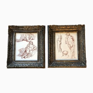 Original Classical Brown Ink Nude Study, Frameds, 1970s, Metal on Paper, Framed, Set of 2