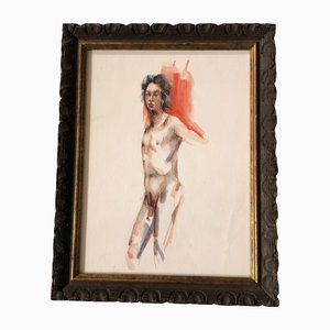 Male Nude, 1970s, Watercolor on Paper, Framed