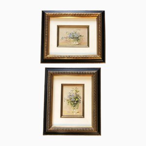 Small Floral Still Lifes, Watercolors, 1960s, Framed, Set of 2