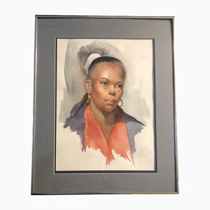 Female Portrait, 1970s, Watercolor, Framed