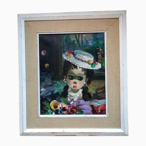 Großäugiges Mädchen mit Hut, 1960er, Gemälde auf Leinwand, Gerahmt
