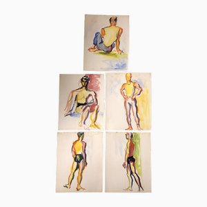 Male Study, 1970s, Watercolor on Paper, Set of 5