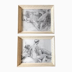 Dibujos de desnudos de mujeres, años 70, Carboncillo sobre papel, enmarcado. Juego de 2