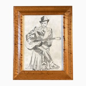 New Orleans Style Musician, 1970s, Charcoal on Paper, Framed