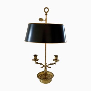 Mid-Century Brass Bouillotte Double Dolphin Table Lamp with Black Tole Shade