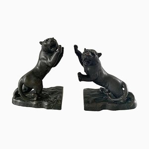 Antike Bronze Buchstützen mit Brüllender Tiger, 2 . Set