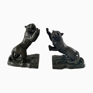 Antique Bronze Roaring Tiger Bookends, Set of 2