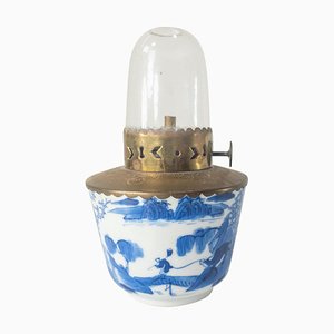 Lámpara de mesa de opio china en azul y blanco, siglo XVIII
