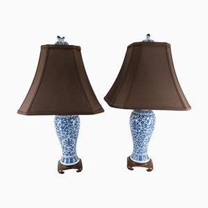 Chinesische Chinoiserie Tischlampen in Blau & Weiß, 2er Set