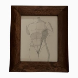 Art Deco Male Figure Study, Charcoal Drawing, 1920s, Framed