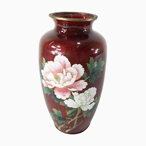 Jarrón floral Ginbari cloisonné rojo japonés Mid-Century