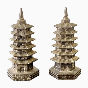 Salero y pimentero Godinger Chinoiserie Pagoda de plata, años 70. Juego de 2