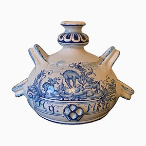 Vaso vintage in ceramica faience blu e bianco dipinto a mano, Italia