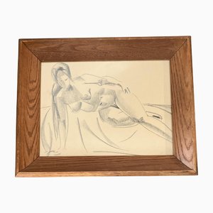 Dessin d'Étude de Nu Féminin, 1950s, Fusain sur Papier, Encadré