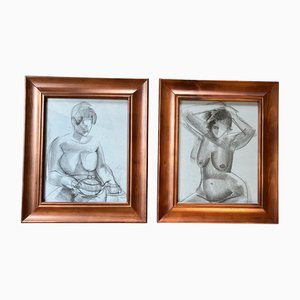 Female Nude Studies, 1950s, Charcoal on Paper, Framed, Set of 2