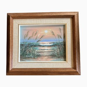 Marshland Seascape, Painting on Wood, 1960s, Framed