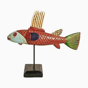 Mid-Century Mali Wood Bozo Fish Puppet on Stand